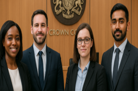 The picture is of 4 people, a black female, a white male, a white female with glasses and an Asian male stood in front of an HMCTS crest reading Crown Court underneath.